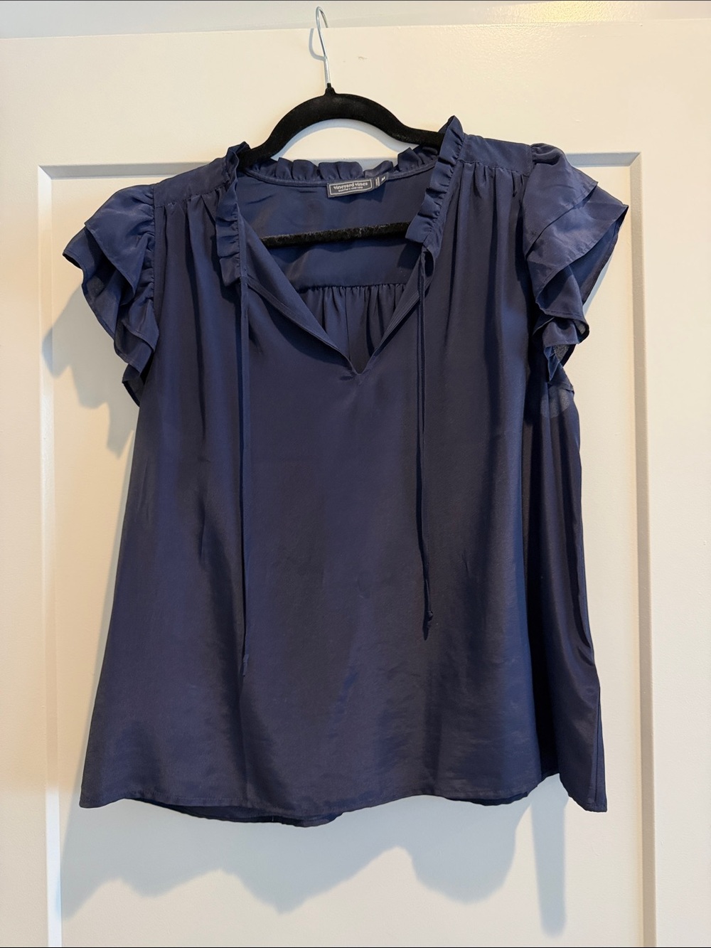 Vineyard Vines Navy Ruffle Sleeve Tie-Neck Blouse